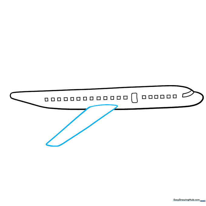 Airplane body with a large, blunt triangular wing attached to the side.