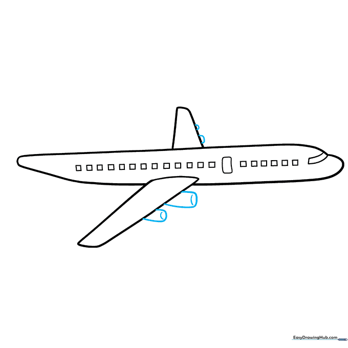 Airplane with two jet engines attached beneath each wing using cylindrical shapes.