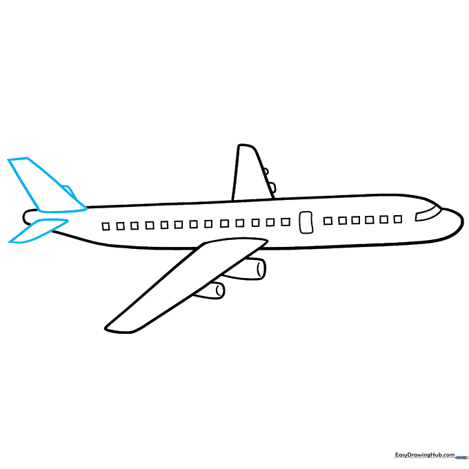Airplane with tail stabilizers and a vertical fin added to the rear section.