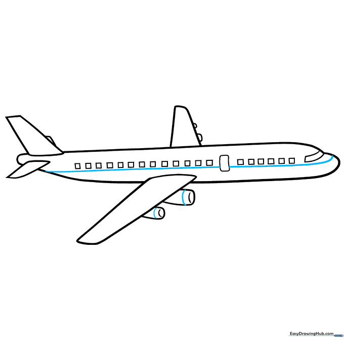 Airplane with a decorative stripe along the body and engine detail lines.