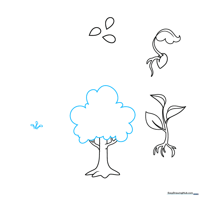 Tree with a cloud-like canopy and the beginning of a flower drawing.