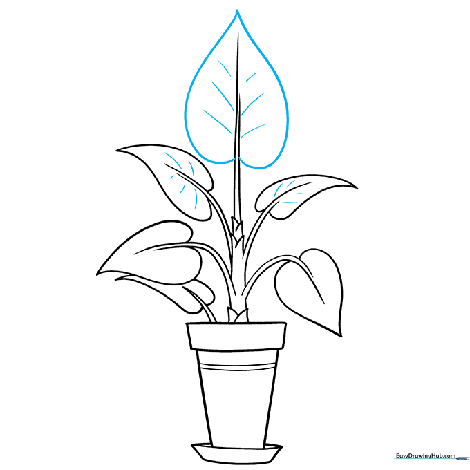 Adding vein details to the leaves using short, light pencil strokes.