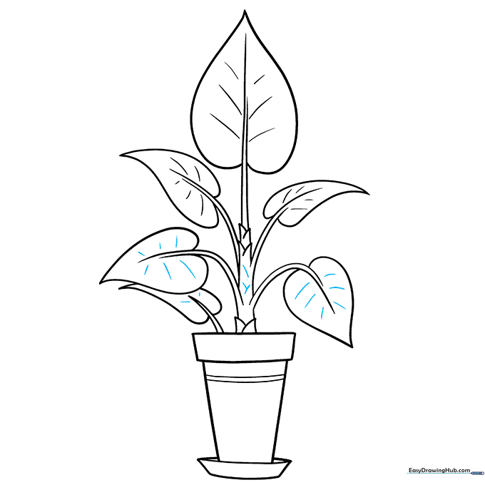 Completed line art of the potted plant with all textures added.
