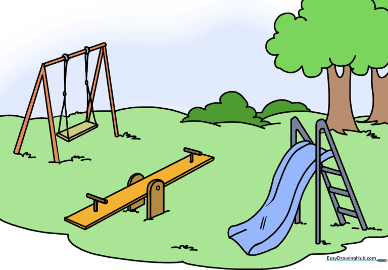 A colorful, completed playground illustration featuring a swingset, seesaw, and slide.