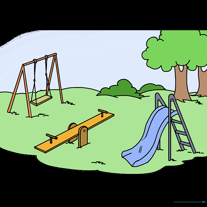 The finished, colored playground drawing with vibrant equipment and natural scenery.