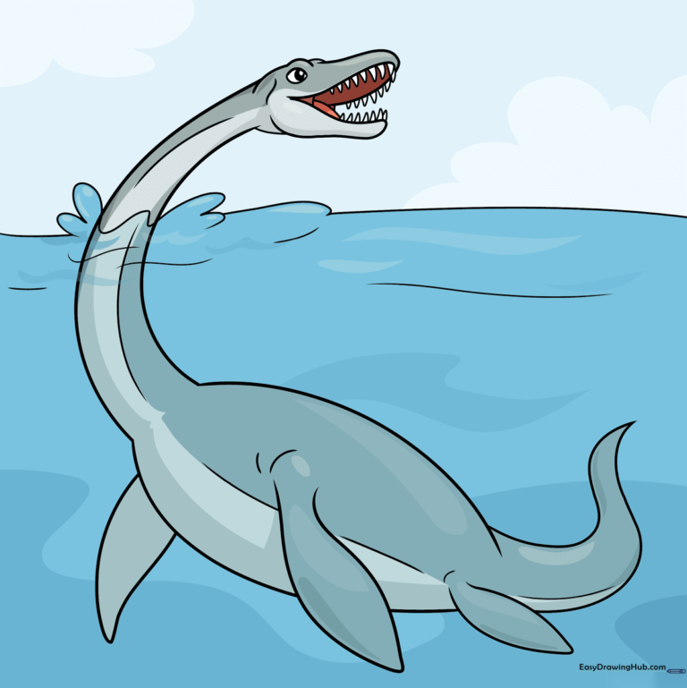 Colorful illustration of a friendly cartoon Plesiosaurus swimming in the ocean.