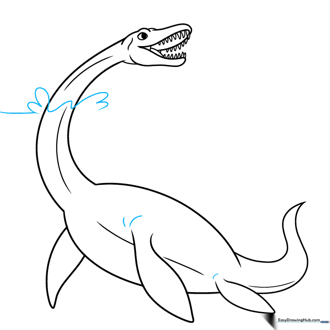 Plesiosaurus emerging from water with horizon line and splash details.