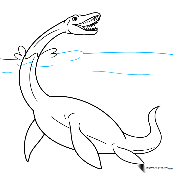 Completed line art of a Plesiosaurus in the ocean with wave details.