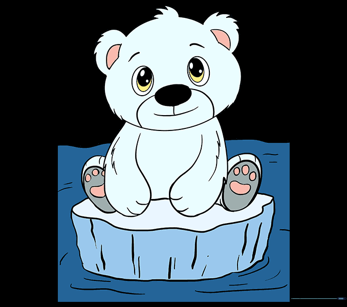 The final colored drawing of a cute polar bear cub on an ice flow.
