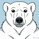 A completed, friendly cartoon polar bear head drawing, colored and ready for display.