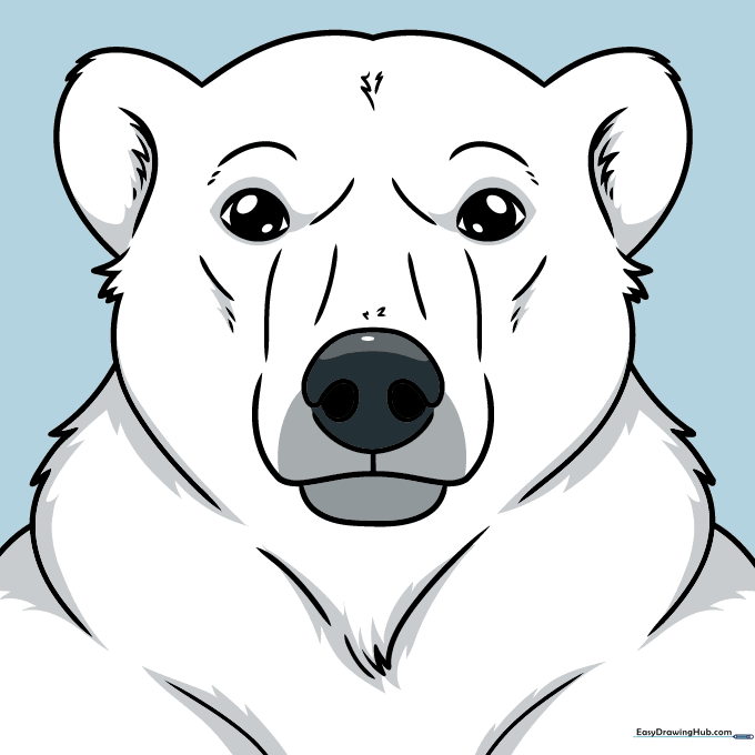 Finished, colored polar bear drawing with gray shading and a light blue background.