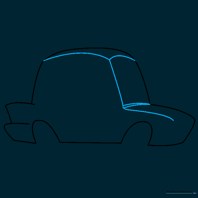 Drawing the windshield and hood lines on the police car frame.