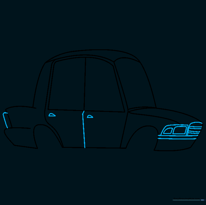 Adding the front grille, headlight, and door handles to the car.