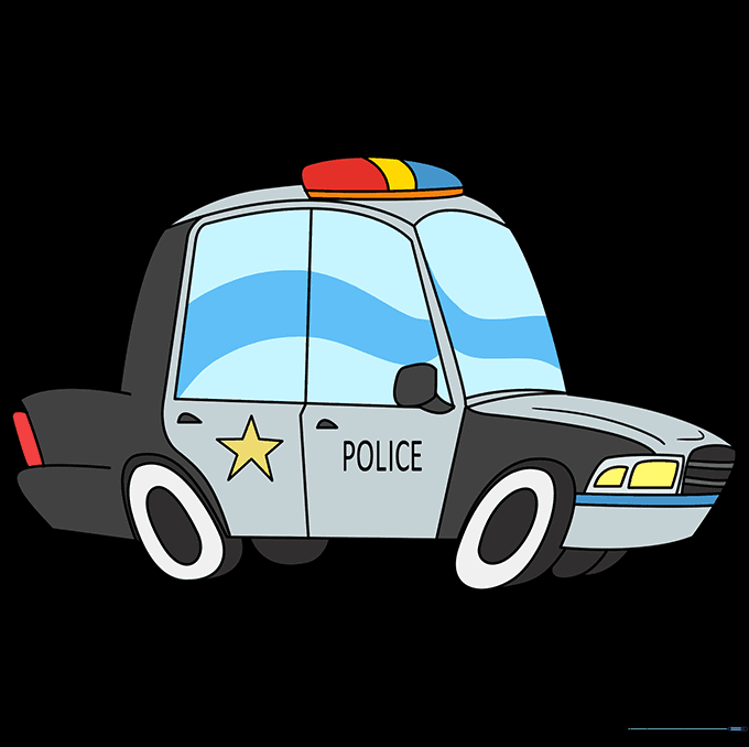 Final colored police car drawing with red and blue lights.