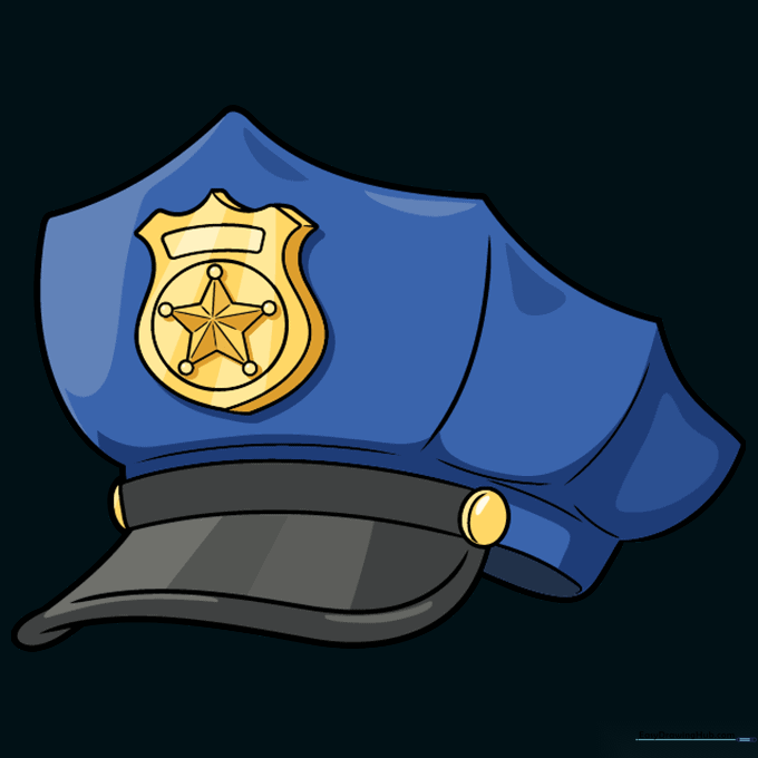 A fully colored police hat drawing with blue, black, and gold details.