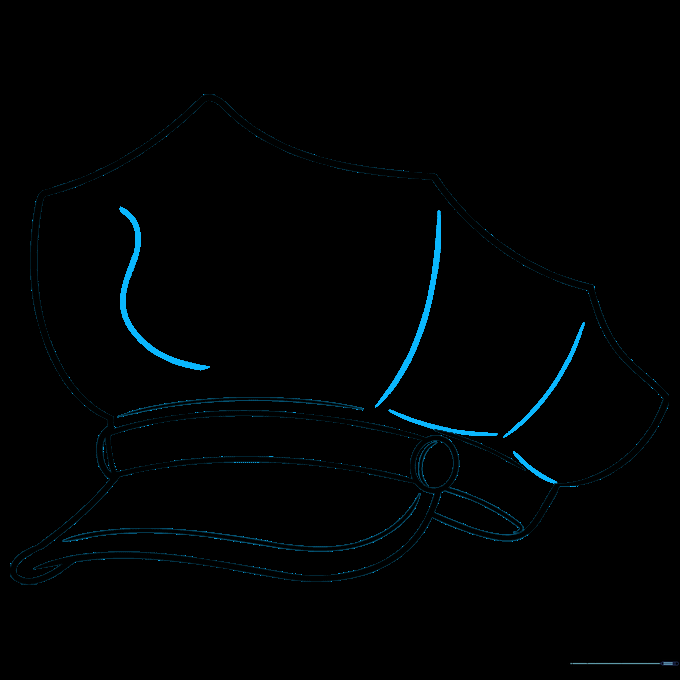 Adding contour lines to the hat crown and starting the badge outline.