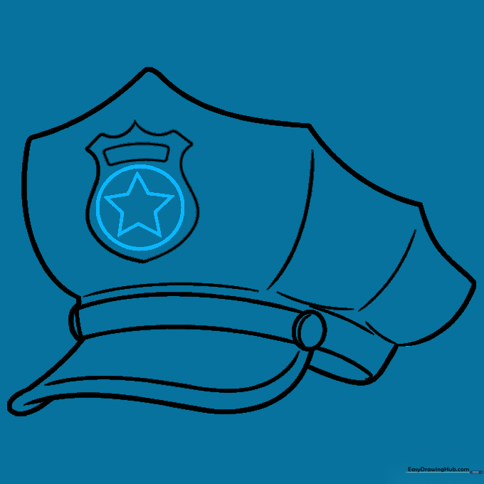 Drawing a star inside a circle on the police hat badge.