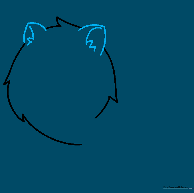 Drawing the Pomeranian's pointed ears with internal fur details.