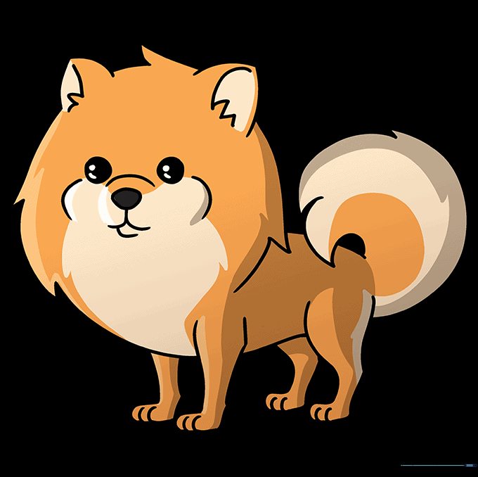 The completed, colored Pomeranian drawing showing a cute, fluffy cartoon dog.