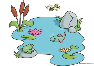 A colorful, finished illustration of a cartoon pond with a fish, frog, and dragonfly.
