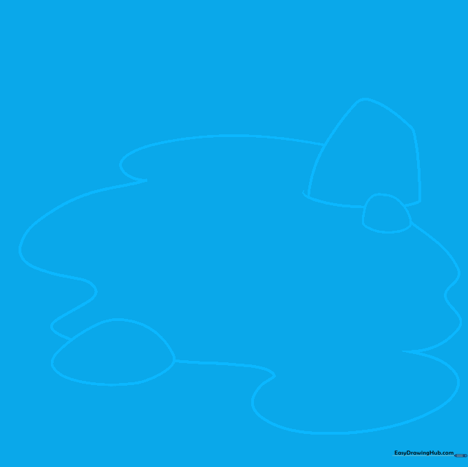 Pencil sketch showing the outline of a pond bank with rounded stones.