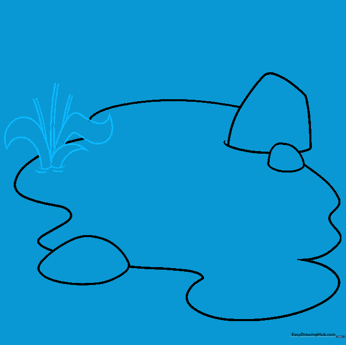 Drawing of aquatic plant leaves emerging from water ripples.
