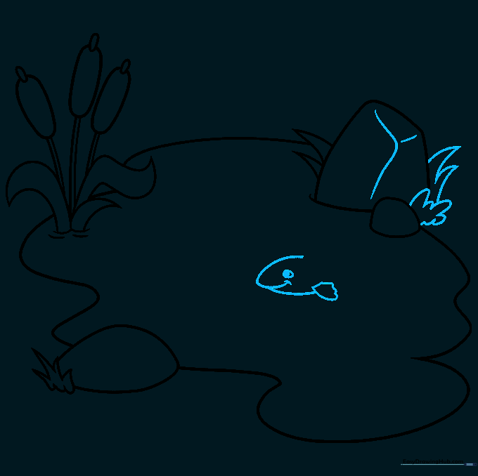 Sketching the head and pectoral fin of a smiling cartoon fish.