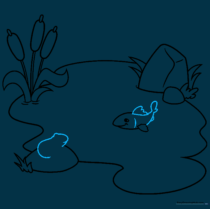 Detailing the fish body and beginning the outline of a sitting frog.
