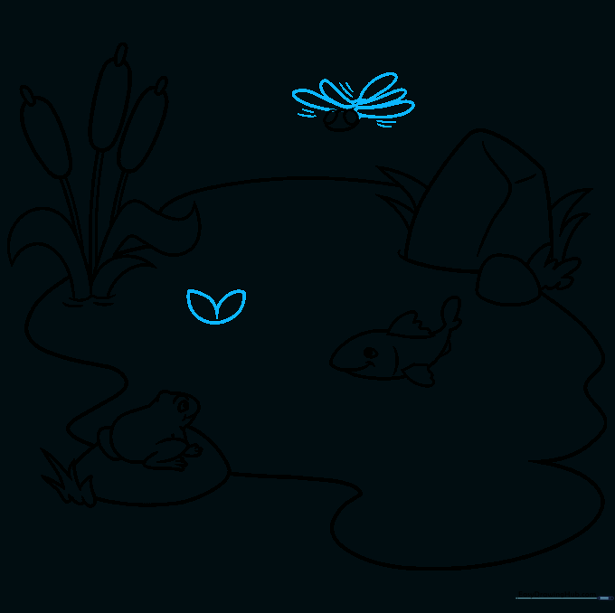 Drawing dragonfly wings and the first petal of a water lily.