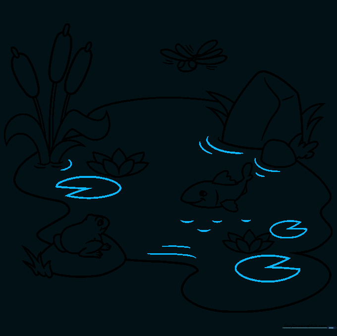 Finalizing the pond with lily pads and water ripple details.