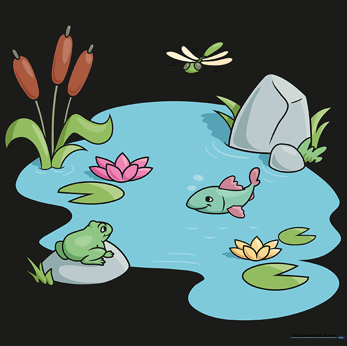 The completed, colored-in cartoon pond scene.