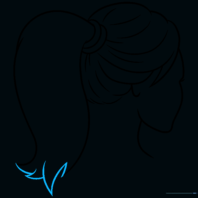 Drawing the jagged, tapered ends of the ponytail.