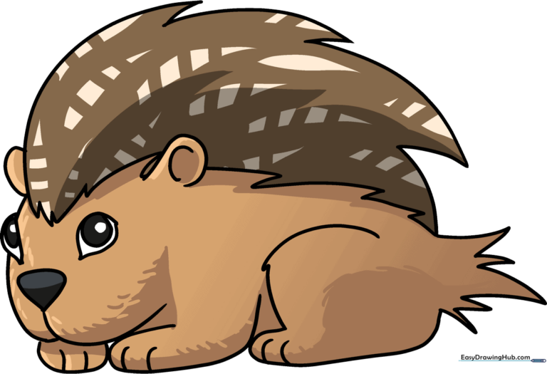 A friendly, finished cartoon porcupine drawing set against a simple background.