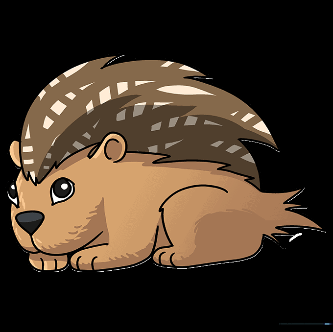 A fully colored, cute cartoon porcupine with brown fur and striped quills.