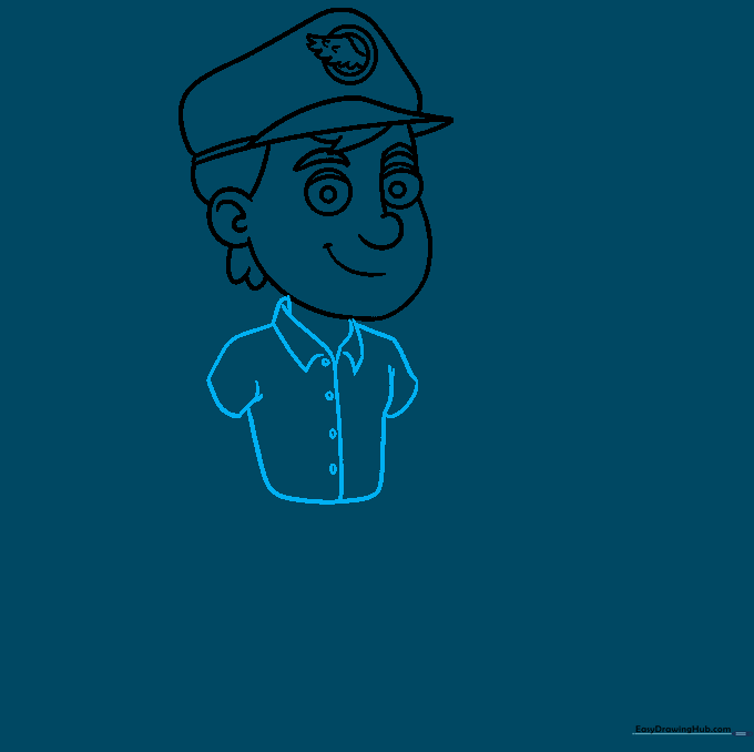 Drawing the shirt collar, sleeves, and button details of the uniform.