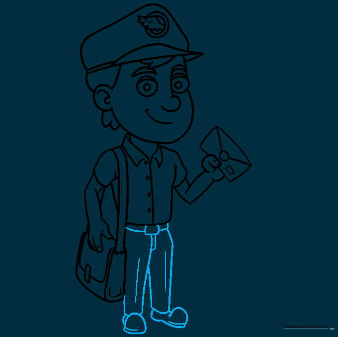 Completing the drawing by adding the belt, trousers, and shoes.