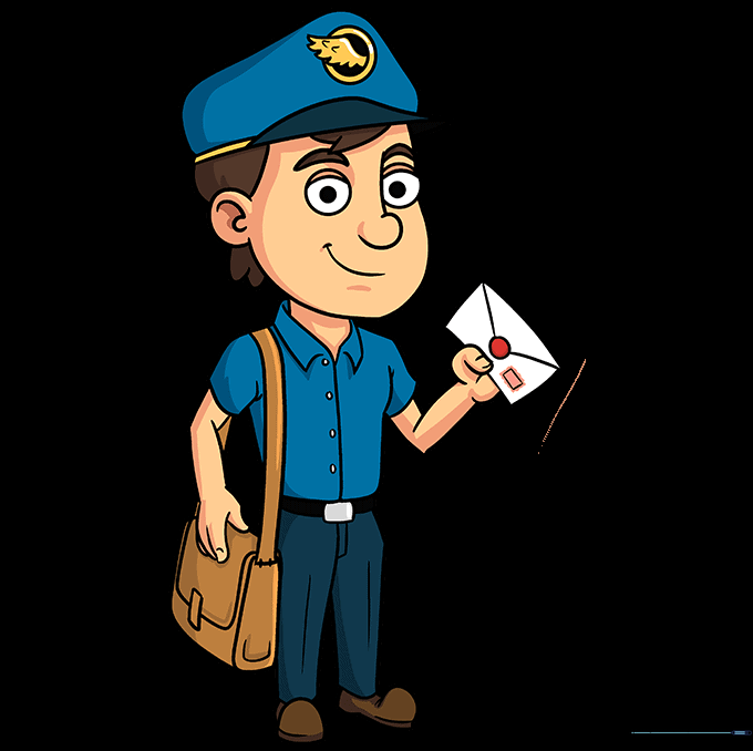 The finished, colored cartoon postman drawing.