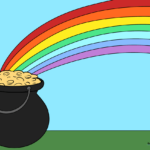 A vibrant, finished drawing of a pot of gold sitting at the base of a rainbow.