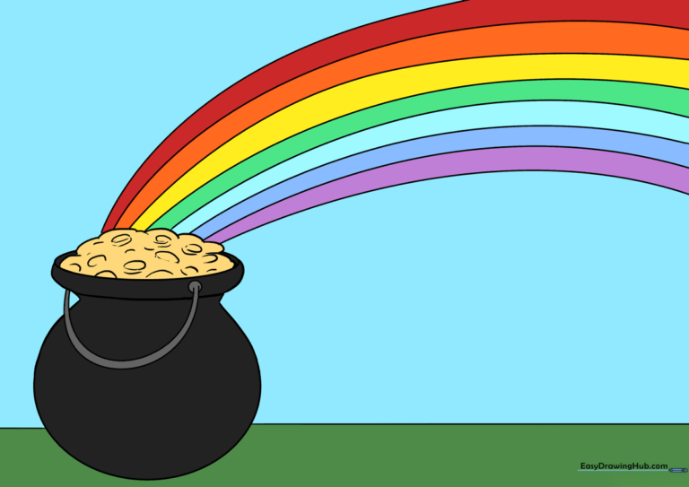 A vibrant, finished drawing of a pot of gold sitting at the base of a rainbow.