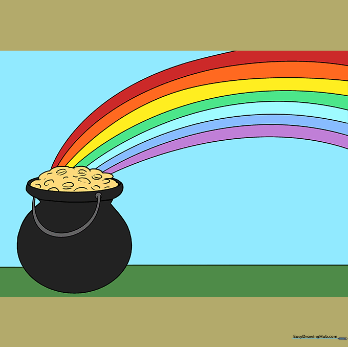 The final colored drawing of a pot of gold at the end of a colorful rainbow.
