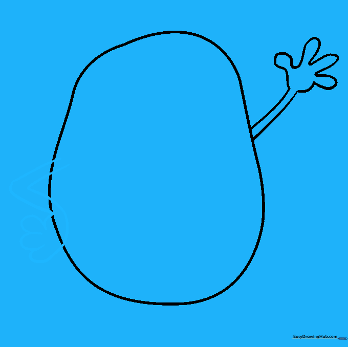 A second arm drawn in a bent position with the hand resting on the potato's hip.