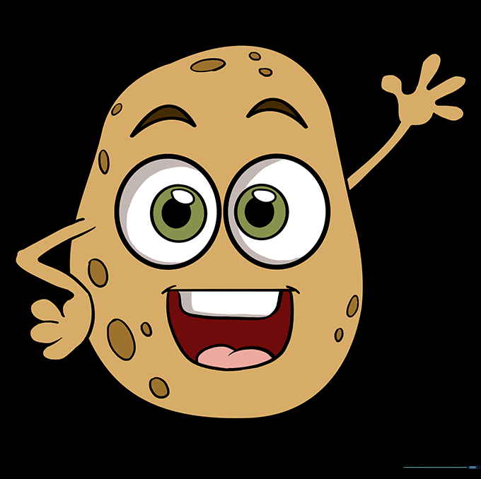 A fully colored, cheerful cartoon potato with brown skin and a happy expression.