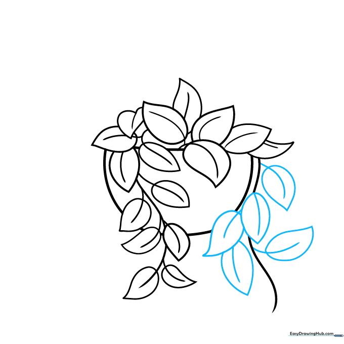 Detailed sketch showing more leaves filling out the vines on the hanging plant.