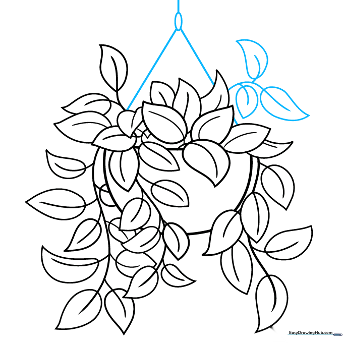 Sketch showing the completed hanging mechanism with an oval and lines connecting to the pot.