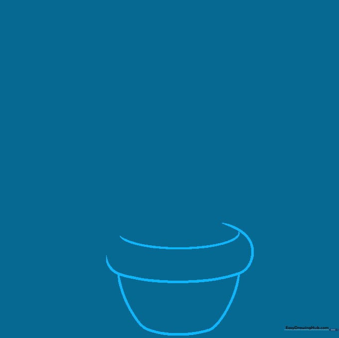 Sketching the base and rim of a flower pot using simple curved lines.