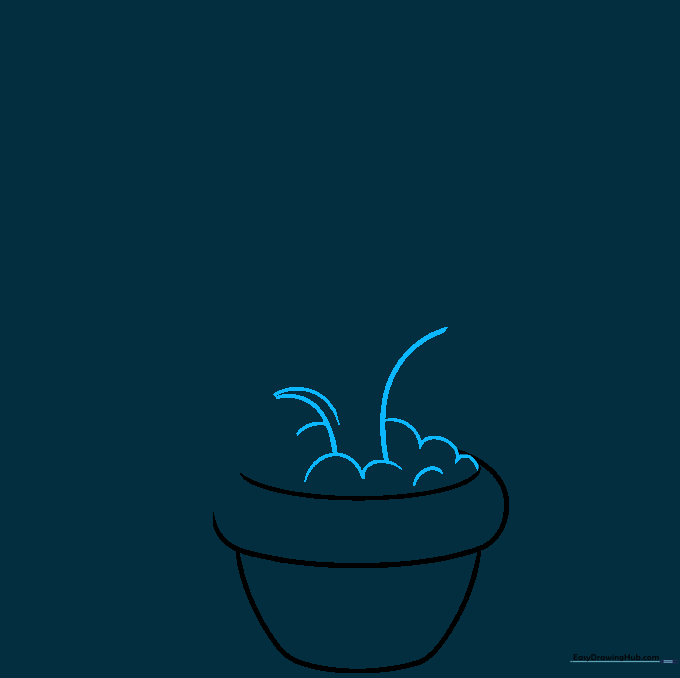 Drawing the soil mound and initial plant stems inside the pot.