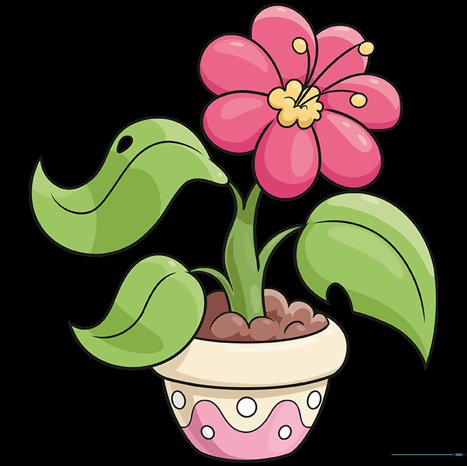 A fully colored, vibrant potted plant drawing.
