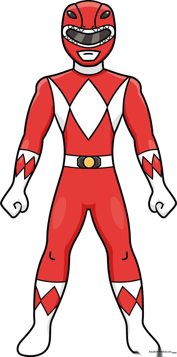 A vibrant, finished drawing of a Power Ranger, demonstrating the final result of the step-by-step tutorial.