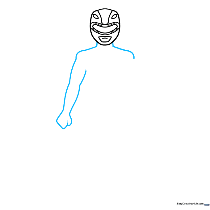 Outlining the neck, shoulders, and the initial shape of the arms for the Power Ranger character.