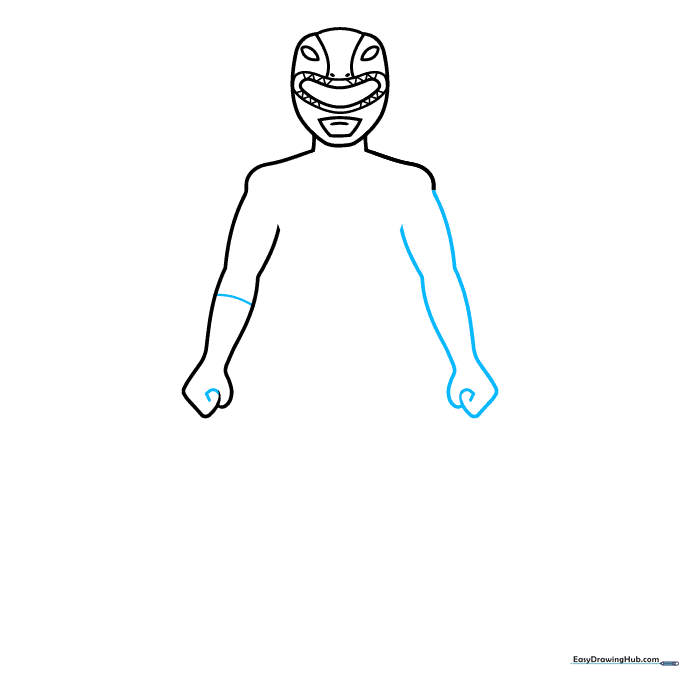 Drawing the glove cuffs and hand shapes on the ends of the Power Ranger's arms.